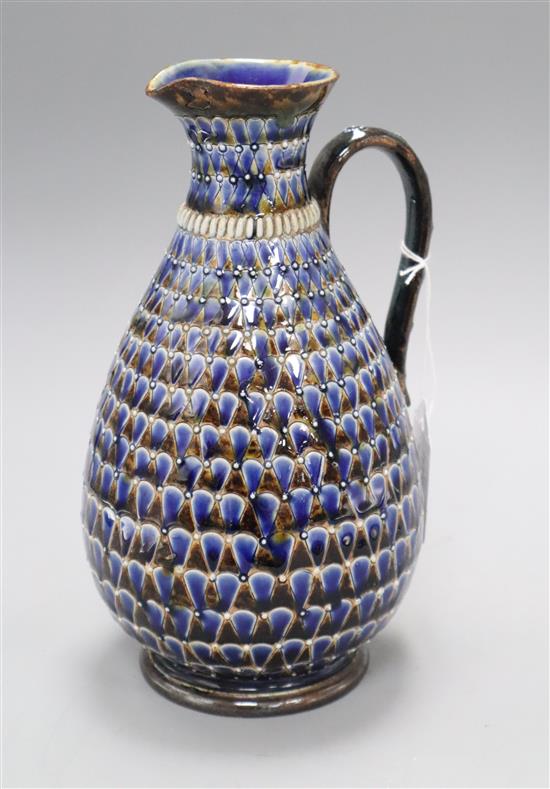 A Doulton Lambeth scaled and jewelled ovoid jug, dated 1880, assistants marks EW and Elisa Stock, H. 23.5cm